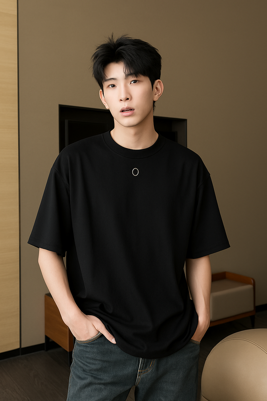 Ezeeva Midnight Black Oversized Tee with Minimal Ring Detail